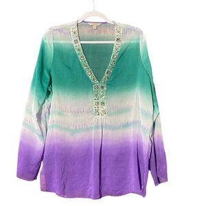 Laura Ashley Swimsuit Cover Up/Blouse With Jewel Embelishments Women's Size L